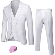Men - White Suits MY'S Men's Piece Solid Suit Set, One Button Slim Fit Jacket Vest Pants with Tie, White