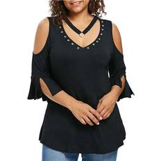 Headgear Summer Tunic Top for Women Plus Cold Shoulder Elbow Sleeve Blouse Shirt Casual Cutout Eyelet Pullover Tee Tops Black