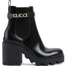 Gucci Women Boots Gucci Trip Leather Logo-Strap Chelsea Boots