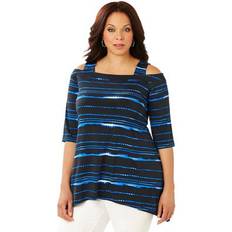 Blouses Catherines Plus Women's Asymmetry Open-Shoulder Tunic in Black Watercolor Stripe Size 0X