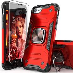 Mobile Phone Covers IDYStar iPhone SE 2020 Case with Tempered Glass Screen Protector,iPhone SE 3 Case,Hybrid Drop Test Cover with Car Mount Kickstand Slim Fit Protective Case for iPhone 6/6s/7/8/SE 2020/SE 3 2022,Red