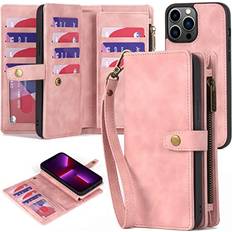 Apple iPhone 13 Pro Max Wallet Cases QIXIU Compatible with iPhone 13 Pro Max Wallet Case,2 in 1 Detachable Magnetic Wallet Case with Card Holder,Zipper,Pouch Pocket Flip Cover with Wrist Strap,11 Card Slots for iPhone 13 Pro Max RoseGold