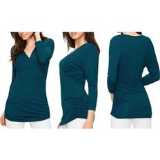 Turquoise - Women Blouses Women's 3/4-Sleeve Cross Wrapped V-Neck Top Teal