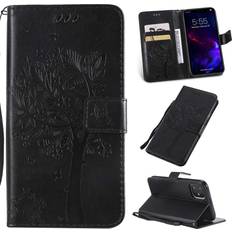 Wallet Cases iPhone 11 Case with Screen Protector,iPhone 11 Wallet Case,Flip Case PU Leather Emboss Tree Cat Flowers Folio Magnetic Kickstand Cover Card Slots for iPhone 11 Black