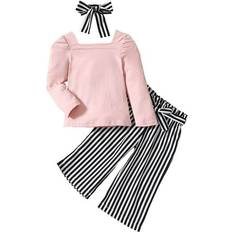 Striped Long Sleeve Tops Pants Headbands Outfits 3-piece - Pink