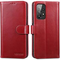 LENSUN Wallet Case for Samsung Galaxy A53, Genuine Leather Cell Phone Flip Case [Cards Holder] [RFID Blocking] Magnetic Folio Cover Compatible with Samsung Galaxy A53 5G Wine RedA53-JT-WR