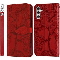 Samsung Galaxy A13 5G Case, Samsung A13 Wallet Case, MEUPZZK Embossed Tree Premium PU Leather [Kickstand] [Card Slots] [Wrist Strap] [Folio Flip] [6.5 inch] Phone Cover for Samsung A13 5G R-Red