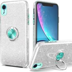 Mobile Phone Accessories PeeTep iPhone XR Case, Lightweight Glitter Sparkly Case with 360°Ring Holder Kickstand Magnetic Car Mount Shock-Absorbent Protective Durable Cover for iPhone XR 6.1" for Girls Women, Silver Blue