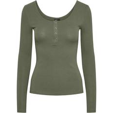 Pieces Kitte Button Front Ribbed Top - Deep Lichen Green