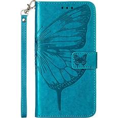 Wallet Cases Galaxy A13 5G Wallet Case, Samsung A13 5G Case Wallet, [Butterfly&Floral Relief] PU Leather Flip Protective Cover with Kickstand Wrist Strap Card Holder Slots for Samsung Galaxy A13 5G Blue
