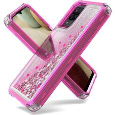 Fcclss Cell Phone Case for Samsung Galaxy A12, Galaxy A12 Case Glitter Sparkle Quicksand Flowing Floating Liquid Case Heavy Duty 2-in-1 Shockproof for Women Girls Men, Hot Pink