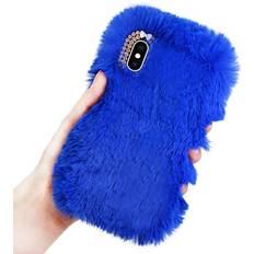 Mobile Phone Accessories Plush Case for iPhone XR 6.1 inch 2018 Rabbit Fur Case,LCHDA iPhone XR Bunny Furry Fluffy Fuzzy Phone Case for Girls Cute Winter Warm Hair Soft TPU Back Case Cover with Luxury Diamond Bowknot-Blue