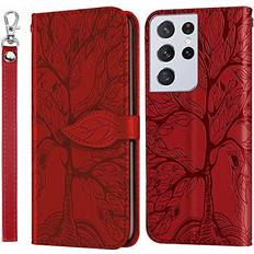 Samsung Galaxy S21 Ultra Wallet Cases MEUPZZK Wallet Case for Samsung Galaxy S21 Ultra, Embossed Tree Premium PU Leather [Folio Flip][Kickstand][Card Slots][Wrist Strap][6.8 inch] Cover for Samsung S21 Ultra R-Red