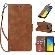 Wallet Cases JWS-C Samsung Galaxy S10e 5.8In Wallet Flip Case-with Card Holder [RFID Blocking]-with Wrist Strap Lanyard-PU Leather Cover-for Women and Men-Galaxy S10e Compatible-Wireless Charging-Brown, C-Brown