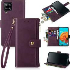 Wallet Cases Antsturdy for Samsung Galaxy A12 Wallet Case, Luxury PU Leather Folio Flip Protective Cover with Wrist Strap [RFID Blocking] [Zipper Poket] Credit Card Holder [Kickstand Function] Women Wine Red