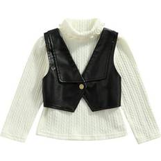 Knitted Vests Children's Clothing Ehfomius Little Girl’s Solid Color Long Sleeve Knitted Tops with Leather Vest - Beige