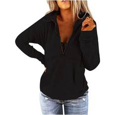 Zip Up Sweatshirt Women No Hood Athletic Casual Plain Color Long Sleeve Pullover Sexy Deep V Neck Shirts with Pockets