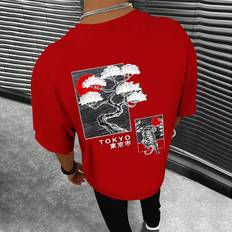 Shein Red Clothing Shein Men Japanese Letter & Tree Print Tee