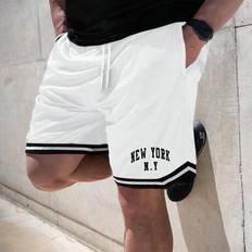 Shein Men - White Shorts Shein Men Letter Graphic Striped Trim Drawstring Waist Shorts