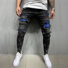 Shein Men - Skinny Jeans Shein Men Cotton Ripped Plaid Print Skinny Jeans