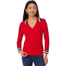 Tommy Hilfiger Red Sweaters Tommy Hilfiger Women's Cotton Striped-Collar Cable-Knit Sweater Scarlet Multi