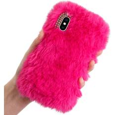 Mobile Phone Covers Plush Case for iPhone 5 5S SE Rabbit Fur Case,LCHDA iPhone SE 5S 5 Bunny Furry Fluffy Fuzzy Phone Case for Girls Cute Winter Warm Hair Soft TPU Back Case Cover with Luxury Diamond Bowknot-Rose Red