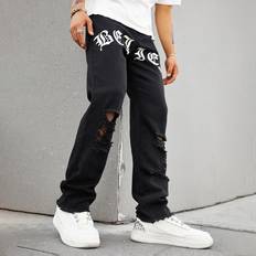 Shein Herren Jeans Shein Men Cotton Letter Graphic Ripped Raw Cut Straight Leg Jeans