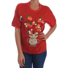 Dolce & Gabbana Red Blouses Dolce & Gabbana Red Silk Oranges Floral Crystal Blouse IT38