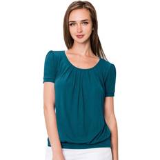 Turquoise - Women Blouses Women's Scoop Neck Short Sleeve Front-Pleated Blouse TEAL