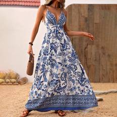 Shein Blue - Bootcut - Women Clothing Shein Flower Print Halter Neck Backless Dress