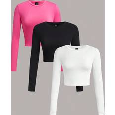 Shein Slim - Women T-shirts & Tank Tops Shein 3pcs/Set Women's Slim Fit Casual Long Sleeve T-Shirt In Black, White And Pink Colors