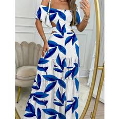 Shein Blue - Women Dresses Shein Women's Hollow Out Off Shoulder Plant Print High Waist A-Line Dress