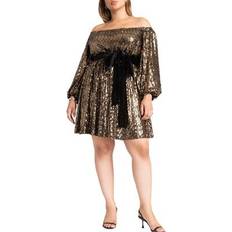 Dresses Eloquii Plus Women's Sequin Mini Dress With Bow by ELOQUII in Black Gold Sequin Size 14