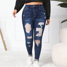 Shein Blue - Straight - Women Clothing Shein Plus Washed Ripped Jeans