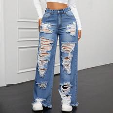Shein Blue - Women Jeans Shein Distressed Ripped Straight Leg Jeans
