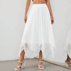 Shein White Skirts Shein Women's Elastic Waist Solid Color Irregular Hem Midi Skirt