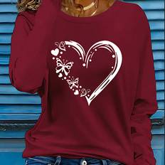 Shein Red Clothing Shein Women's Romantic Heart & Bow Knot Valentine's Day Round Neck Long Sleeve T-Shirt