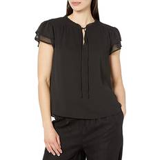 L Blouses CeCe Women's Tie-Neck Flutter-Sleeve Short Sleeve Blouse Rich Black