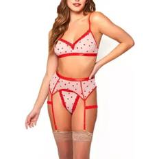 Polyester - Women Lingerie Sets iCollection Paris Embroidered Hearts Bralette, Thong & Garter 3pc Lingerie Set Pink