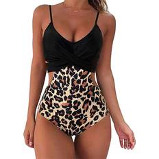 XXL Swimsuits Dailyhaute Women's Tankini Monokini Swimsuit with Side Cutouts BLACK LEOPARD