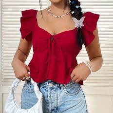 Shein Red Clothing Shein Short Sleeve Crop Top With Tie Front Design