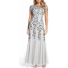 Adrianna Papell Women's Floral Beaded Godet Gown, Silver