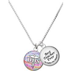 Delight Jewelry Domed Best Teacher Ever Charm Necklace - Silver/Multicolour