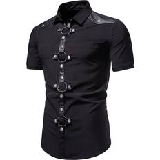 M - Men Blouses Mens Fashion Slim Gothic Shirts Metal Ring Buttons Top Turn-Down Collar Short Sleeve Loose Comfy Blouse