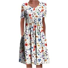 Floral Printed Casual Dress for Women Summer Crewneck Short Sleeve Swing Pleated Midi Dress Beach Party Sundress White
