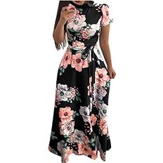 Summer Maxi Floral Dresses for Women, Fashion High Neck Casual Sexy Short Sleeve Flowy Long Dress for Wedding Guest