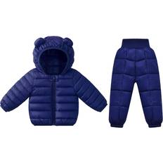 Infant Lightweight Puffer Bear Hood Coat & Pants Suit - Navy