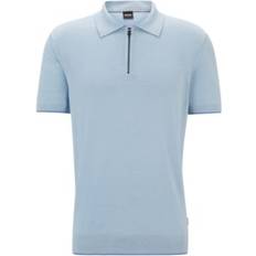 Linen - Men Polo Shirts Hugo Boss Men's Zip-Neck Polo Sweater Open Blue