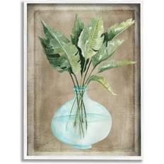 Framed Art Stupell Green Plant Leaves Glass Vase Rustic Border Painting Framed Art