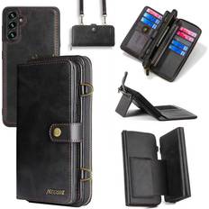 Wallet Cases TwoHead Samsung Galaxy A13 5G Wallet Case, Multi-Function Wallet Case, Detachable 3 in 1 Magnetic Galaxy A13 5G Case Wallet, Flip Strap Zipper Card Holder Phone Case with Shoulder Straps Black